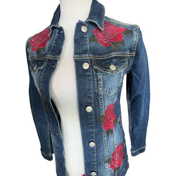 Womens Lularoe Jaxon Red Rose Embroidered Rodeo Denim Jean Jacket - Sz XXS - Picture 5 of 6